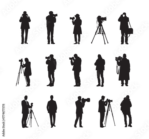 silhouette of a photographer taking a picture on a white background

