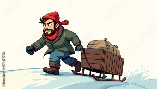 Determined man pulling sled uphill with heavy luggage on icy slope, cartoon arctic exploration concept