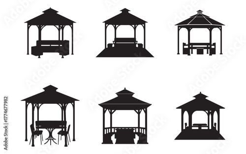 Gazebo Silhouettes Collection Various Designs for Outdoor Spaces and Garden Decoration and Landscaping Projects with Different Furnishings