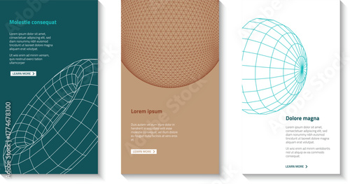 Set of Three Vertical Banners with Abstract 3D Wireframe Graphics for Mobile App or Website UI/UX Design and Marketing Promotion