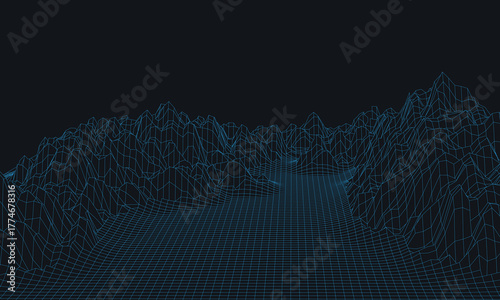 Blue Futuristic Wireframe Landscape or Digital Terrain Map on a Dark Background, Ideal for Technology, Big Data, and Virtual Reality Concepts