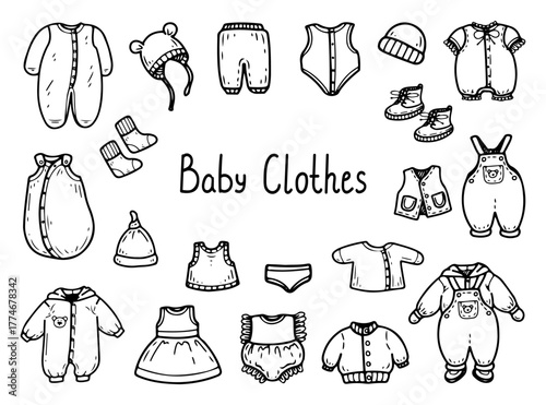 Newborn clothing set. Hand drawn doodle vector. Baby wardrobe. Romper, undershirt, bodysuit, jumpsuit, hat, dress, jacket, underwear, and boots. Line art illustration.