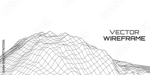 Minimalist Black and White Vector Wireframe Landscape, Ideal for Abstract Technology Backgrounds, Data Visualization, and Clean Design