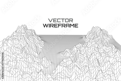 Minimalist Black and White Vector Wireframe Landscape, Ideal for Abstract Technology Backgrounds, Data Visualization, and Clean Design
