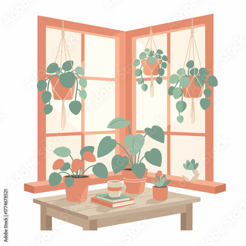 Cozy corner window scene with beautiful indoor plants