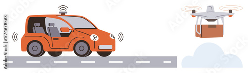 Orange self-driving car navigating road while a quadcopter carries a package mid-air. Ideal for technology, innovation, delivery, automation, future mobility, smart transportation, simple flat