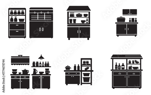 Kitchen Cabinets Collection in Black Silhouette Design Ideal for Interior Design and Culinary Projects