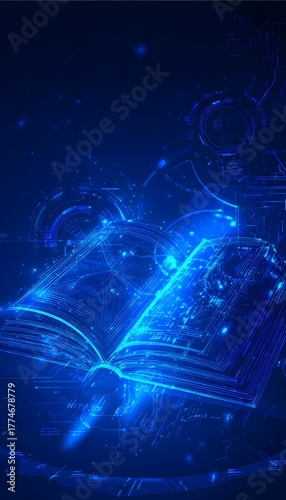 Futuristic digital book design showcases modern innovation with holographic tech elements