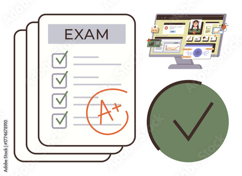 Exam papers with a perfect A grade and checked answers beside a monitor displaying learning materials and a green checkmark. Ideal for education, achievement, progress tracking, learning apps