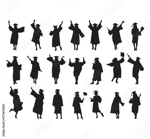 Silhouette of graduating students celebrating academic achievement. Blonde girl celebrating graduation. Portrait of woman wearing graduation gown. College students with graduation certificates, celebr