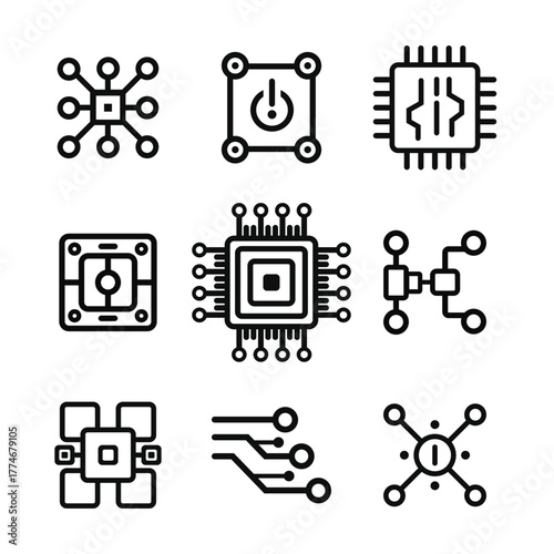 Collection of stylized black and white line art icons representing computer chips and processors