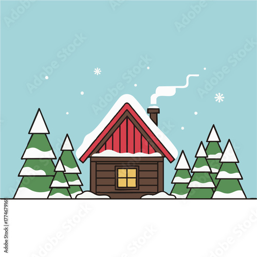 Minimal Flat Winter Cabin Illustration_ミニマルフラットな冬の山小屋のイラスト