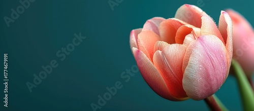 Pink Tulip Flower Closeup On Teal Background, Ideal For Wallpaper, Poster, Banner With Artistic Floral Design