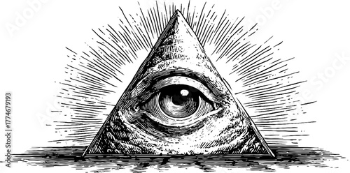 Mysterious all-seeing eye in radiant triangle - esoteric symbol design for art and decor