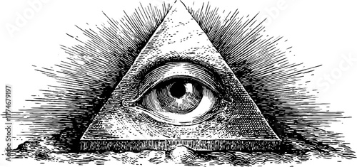 Mystical all seeing eye and radiant triangle etching for decorative design