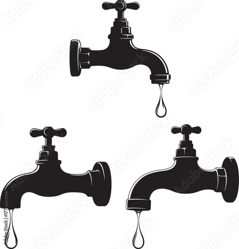 Three dripping water taps silhouette