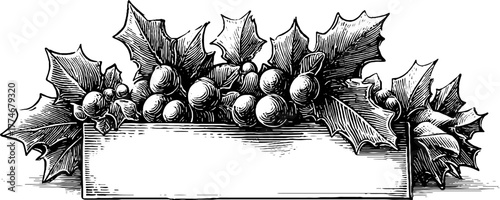 Christmas border with holly leaves and mistletoe for holiday design