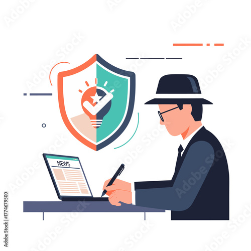 Cybersecurity concept illustration with a hacker in a hat working on a laptop displaying news, protected by a shield emblem symbolizing data protection and privacy online
