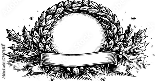 Vintage christmas wreath with engraved frame and ribbon for holiday designs