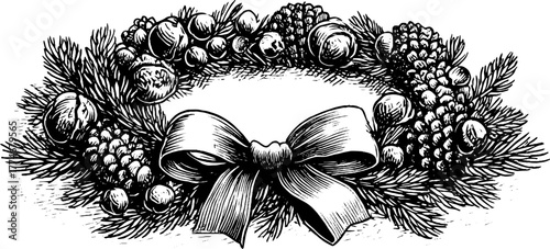 Traditional christmas wreath with pine twigs, berries, cones, and bow for holiday decor