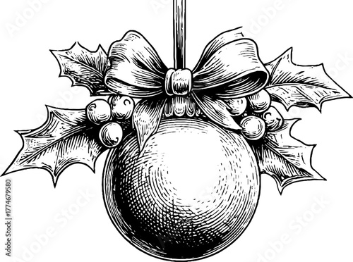 Vintage christmas ornament ball with bow and holly leaves sketch design for holiday decor