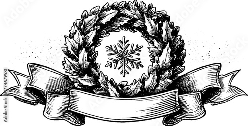 Vintage christmas wreath with ribbon frame and snowflake for holiday design