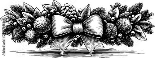 Festive christmas wreath with pine twigs, berries, cones, and bow for holiday decor