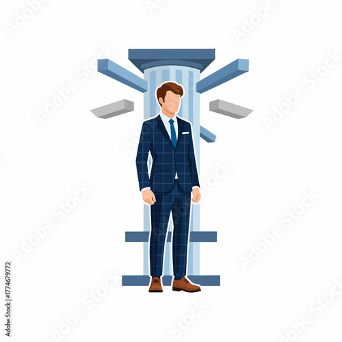 Flat vector businessman standing near abstract architectural column design illustration