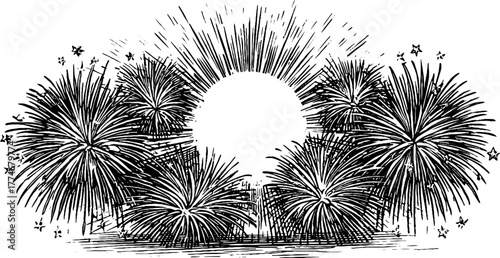 Festive circular new year frame with fireworks and starburst design for holiday celebrations