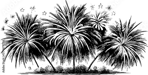 Vintage new year frame with fireworks and star decorations for holiday design