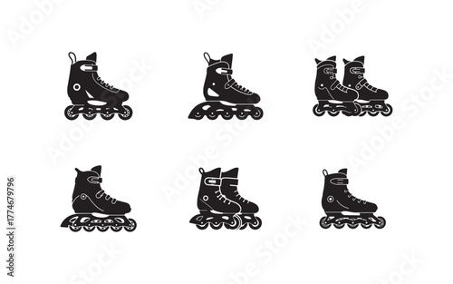 Roller Skate Icon Set Black and White Different Poses Sport and Recreation Equipment for Active Lifestyle and Fun Outdoor Activities