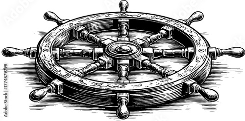 Nautical compass wheel with rope border and ornamental details for vintage maritime designs