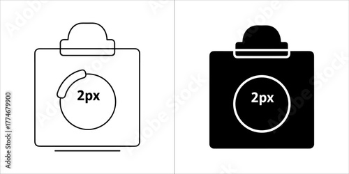 Two icons representing a clipboard with a circle and 2px text, one in outline and one in solid black