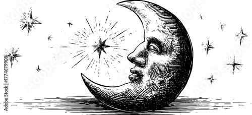 Vintage crescent moon with face silhouette and stars for night sky design