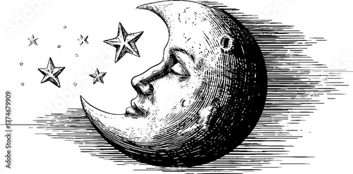 Celestial night scene with crescent moon face and stars for vintage design