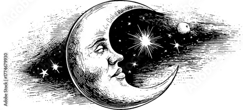 Enchanting crescent moon with face and stars in vintage style for night sky design
