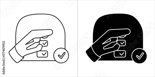 Two icons of a hand selecting checkboxes, one in outline and one in solid black