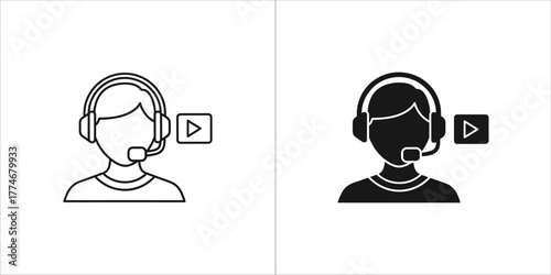 Customer support operator with headset and play button icon, line and solid style