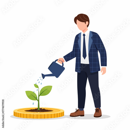 Flat vector businessman watering plant coin growth investment concept business
