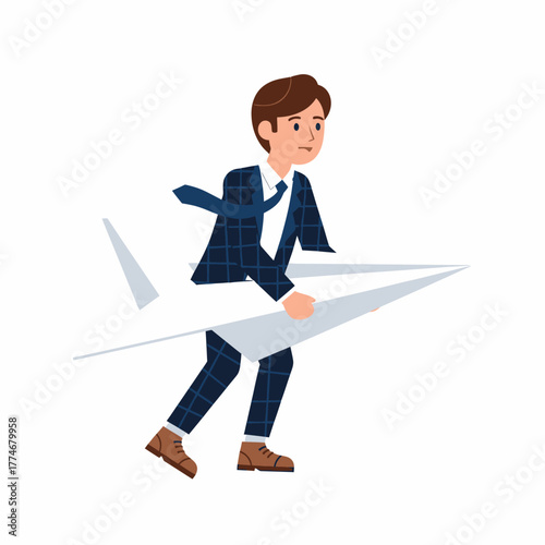 Illustration young entrepreneur businessman carries large paper airplane startup concept