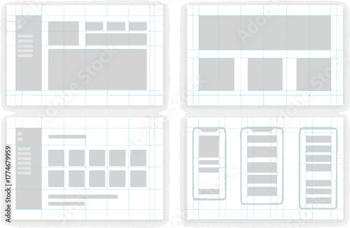 Responsive web and mobile wireframe layout grid design template. UI UX mockup with blue guidelines and content placeholders for website and app interface.