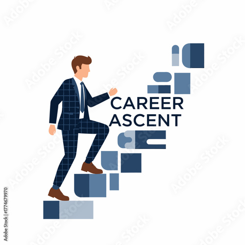 Flat vector businessman climbing geometric steps career progress illustration