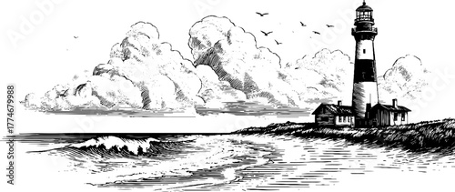 Vintage coastal landscape with lighthouse sketch for design and decor