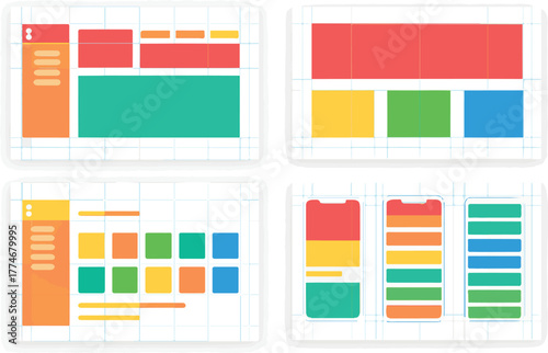 Colorful responsive grid layout system for website and mobile UI design, showcasing adaptive wireframe templates with vibrant blocks and clean alignment guides.