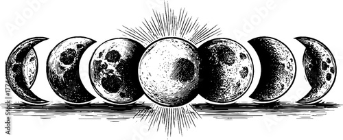 Decorative moon phase set showing eight lunar stages in vintage hand drawn style for design projects
