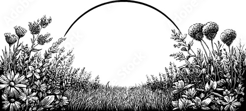 Vintage hand drawn wild herbs silhouette with circular arrangement for retro design