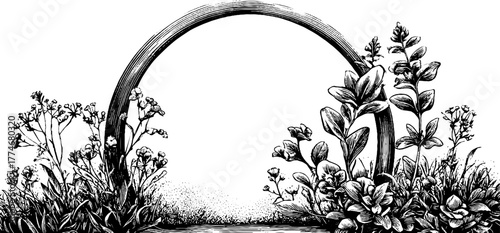 Engraved botanical arrangement wild herbs circular vintage design abstract composition nature floral plant monochrome line art. Delicate ornamental foliage with classic decorative detail.
