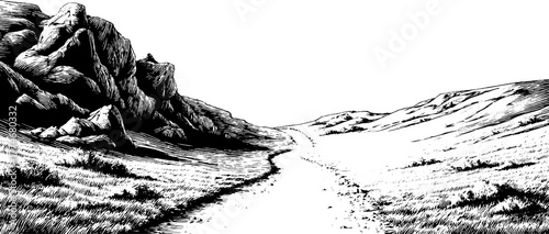 Engraved landscape pathway through rocky terrain in retro style