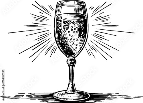 Vintage engraving of a glass of champagne with radiant sunburst for festive celebrations