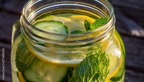 A refreshing jar of lemon and cucumber infused water, suitable for a healthy summer lifestyle